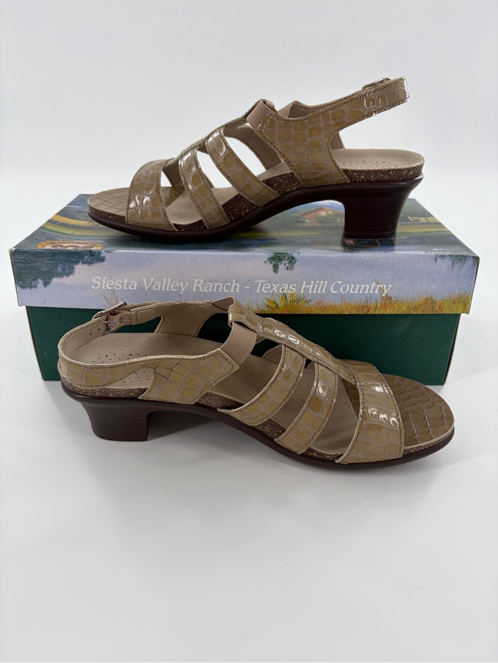 SAS Taupe Croc-Embossed Slingback Sandals